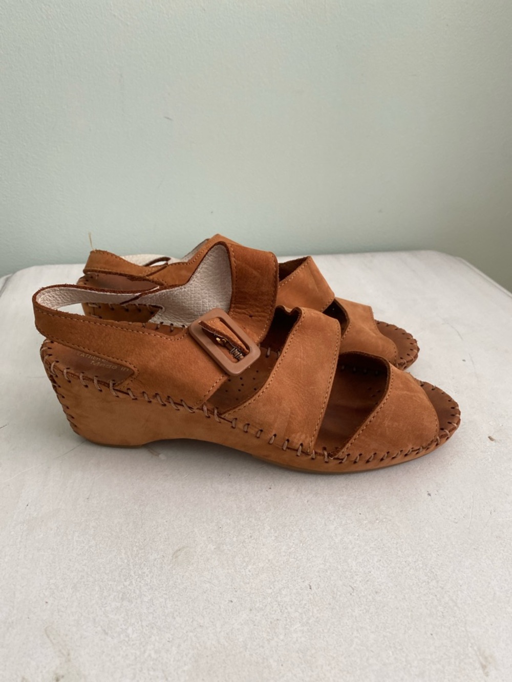 La Plume Tan Suede Wedge Sandals with Buckle Slingback
